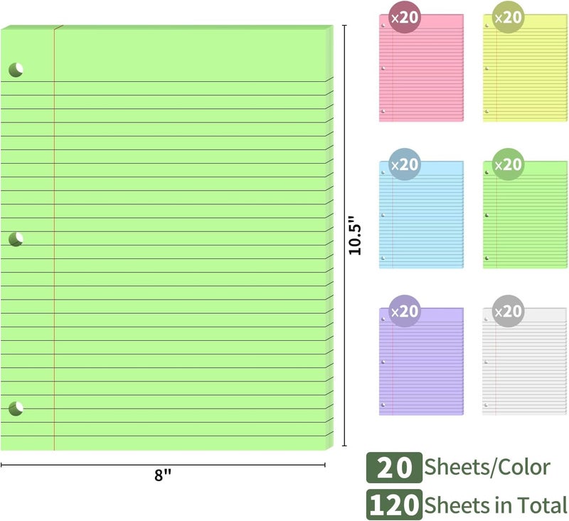 Pidada 120 Sheets Loose Leaf Binder Paper, 6-Color Wide Ruled Lined Paper, 8” x 10.5”, 3-Hole Punched Notebook Paper Writing Paper for School Office - Image 2